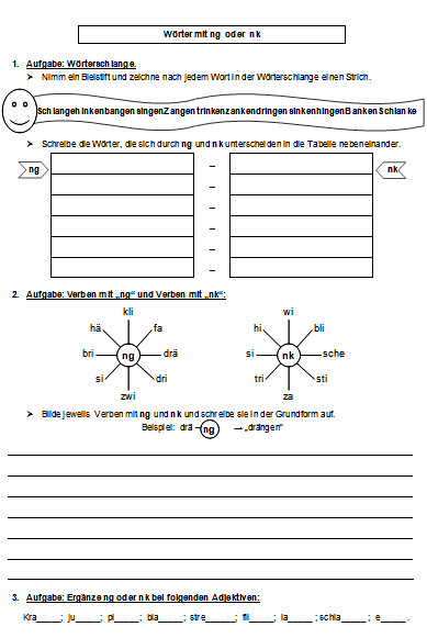 Rechtschreibübungen: Wörter mit ng oder nk