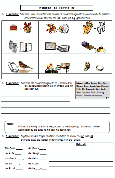 Rechtschreibübungen: Wörter mit ng oder nk